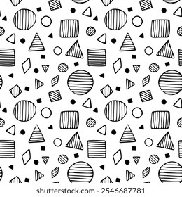 Endloses monochromes geometrisches Muster. Nahtloses Ornament, einfache geometrische Formen. Kontur der schwarzen Doodle-Linie. Grafische Illustration, doodles, Stoff, Textil, Druck, Web, Tapeten, Hintergründe