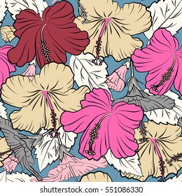 Endless multicolored vector texture for romantic design, decoration, posters, textile print or fabric. Floral seamless pattern with multicolor bright summer flowers, leaves and buds on blue background
