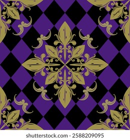 Endless Mystery Argyle Victorian Design Seamless Pattern Detailed of Gold Scroll Ornament On Violet Black Diamond Luxury Checked Fancy Delicate Beautifully Detailed Royal Motif Florals Background Deco