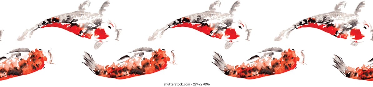 Endless narrow pattern of intertwined Japanese carp koi painted in watercolor