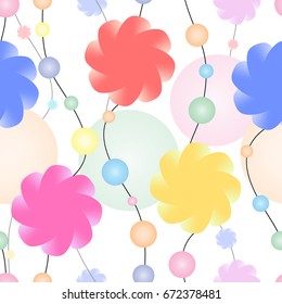 Endless necklace made of flowers and multicolored pearls. Vector seamless pattern.