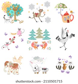 Endless ornament for baby bedding with funny teapots, apricot tree, sun, cats, dancing mice, elephant, unicorn, squirrels, crane, butterflies isolated on white background. Vector illustration.