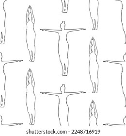 Endless outline drawing of a woman doing yoga asana with arms raised up and in different directions
