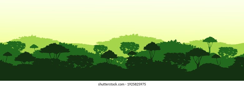 Endless overgrown jungle background. Dark tops of tropical green trees with tall sequoias and dense deciduous thickets with shaggy vector shrubs.