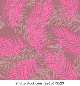 Patrón vectorial interminable de hojas de palma paradisíacas. Elementos botánicos sobre fondo de textura de ondas. Hojas de palmera brillantes impresas. Patrón de vegetación de hojas grandes. Antecedentes del afiche de viajes.