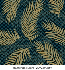 Endless paradise palm leaves vector pattern. Floral design over waves texture background. Abstract palm tree branches wallpaper. Herbarium leaves greenery pattern. Rainforest background.