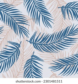 Endless paradise palm leaves vector pattern. Botanical design over waves texture background. Organic palm tree branches illustration. Plant leaves nature pattern. Contrast foliage wrapper.