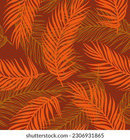 Endless paradise palm leaves vector pattern. Botanical design over waves texture background. Colorful palm tree branches print. Herbarium leaves greenery pattern. Subtropical foliage.