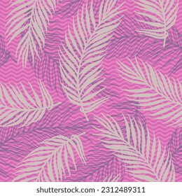 Patrón vectorial interminable de hojas de palma paradisíacas. Elementos florales sobre fondo de textura de ondas. Papel tapizado con ramas de palmera orgánicas. La planta deja el diseño de la naturaleza. Contraste el envoltorio folicular.