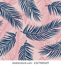 Patrón vectorial interminable de hojas de palma paradisíacas. Elementos botánicos sobre fondo de textura de ondas. Ilustración de la palmera orgánica. El herbario deja un patrón de vegetación. Follaje subtropical.