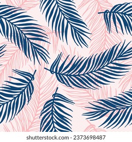 Endless paradise palm leaves vector pattern. Floral design over waves texture background. Abstract palm tree leaves wallpaper. Big leaves greenery design. Botany decorative print