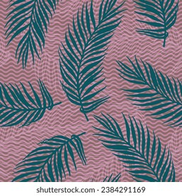 Endless paradise palm leaves vector pattern. Botanical elements over waves texture backdrop. Chic palm tree branches print. Big leaves summer design. Royal palm fabric print.