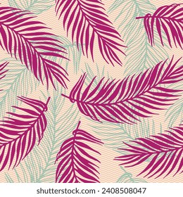Endless paradise palm leaves vector pattern. Botanical design over waves texture background. Bright palm tree branches wallpaper. Big leaves greenery pattern. Botany decorative print