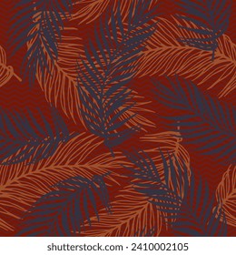 Endless paradise palm leaves vector pattern. Floral elements over waves texture backdrop. Organic palm tree leaves wallpaper. Big leaves summer design. Contrast foliage wrapper.