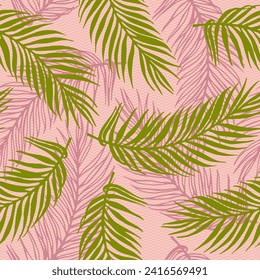 Patrón vectorial interminable de hojas de palma paradisíacas. Diseño botánico sobre fondo de textura de ondas. Hojas de palmera brillantes impresas. El herbario deja diseño de verano. Impresión real de tela de palma.