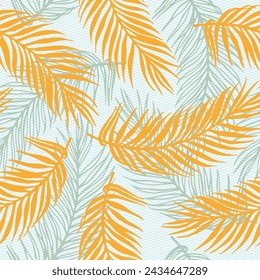 Endless paradise palm leaves vector pattern. Floral elements over waves texture backdrop. Elegant palm tree branches print. Big leaves summer pattern. Thailand holiday print.