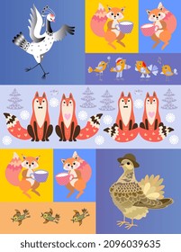 Endless patchwork pattern with birds and animals on patches of different colors. Beautiful fabric print for kids. Vector illustration.
