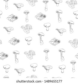 Endless patern with black and white potato mushrooms. Seamless pattern of forest mushrooms on a white background. Vector illustration