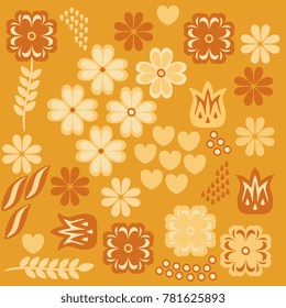 Endless pattern with abstract flowers, leaves, hearts and spots in warm tones. Beautiful vector illustration. Design elements.