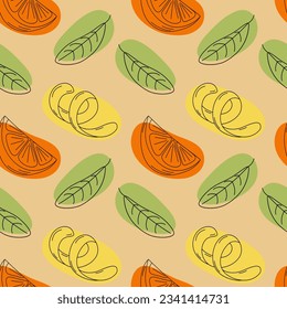 Endless pattern of abstract images of lemon zest, orange slice and green leaf with abstract spots