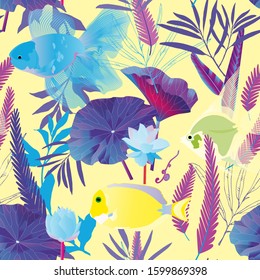 Endless pattern with aquarium and sea fish and algae. Water lilies and pretty fish vector illustration. Purple, fuschia, yellow colors. The undersea world. Imitation of watercolor. EPS 10