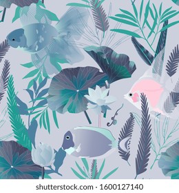 Endless pattern with aquarium and sea fish and algae. Water lilies and pretty fish vector illustration. Marine, turquoise, blue color. The undersea world. Imitation of watercolor. EPS 10