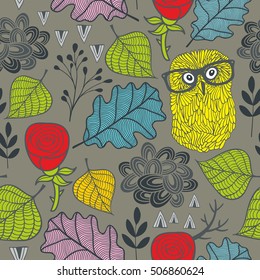 Endless pattern with autumn plants, red roses and owls in eyeglasses. Vector seamless background.