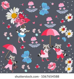 Endless pattern for baby with cute cartoon little raccoons and kitty with umbrellas, butterflies, pink hearts and flowers on dark gray background. Vector summer design.  Baby shower invitation.