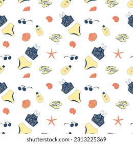 Endless Pattern with beach Accessories. Colorful sea holiday elements. Summer background. Vacation concept