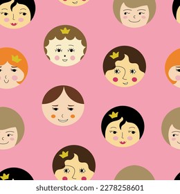 Endless pattern, beautiful girlish faces. Repeatable backdrop, female look. Funny girl visage
