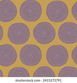 Endless pattern of big irregular burgundy circles with concentric rings texture on ochre backdrop. Casual doodle abstract print for paper and fabric.