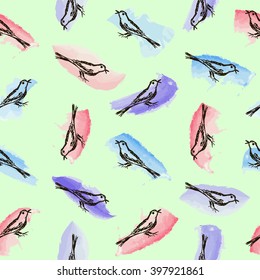 Endless pattern with birds on the background of the watercolor strokes. Hand-drawn. Seamless texture