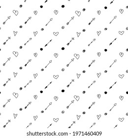 Endless pattern of black arrows and hearts on white background