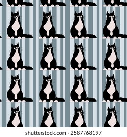 Endless pattern with black cat. Striped background. Kitty sitting on striped background. Cute fat black cat