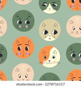 Endless pattern, black eyes cats. Seamless texture, round kitten muzzle. Simple print for fabric, packaging
