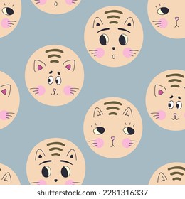 Endless pattern, black eyes cats. Multipurpose use, kitten portrait. Abstract colorful background design
