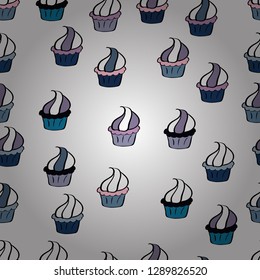 Endless pattern, blue, black and white background. Blue, black and white color. Wrapping paper. Seamless pattern with sweet desserts. Cream. Vector illustration.