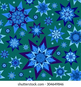 Endless pattern with blue stars, snowflakes. Seamless texture. Abstract background