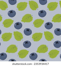 Endless pattern of a blueberry and green leaves in trendy shades. Vector Abstract background texture