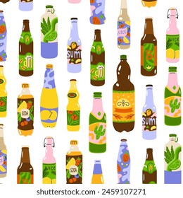 Endless pattern with bottled drinks. Carbonated water, juices, alcoholic drinks in glass and plastic bright packaging. Refreshing drinks for a party. Vector illustration