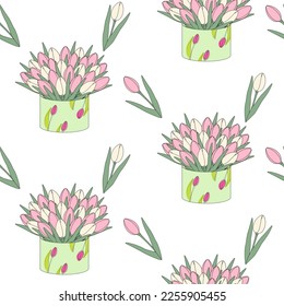 Endless pattern of Bouquet from blooming colorful tulip flowers in cartoon style in trendy pale hues