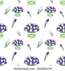 Endloses Muster von Bouquet blühenden Tulpenblumen in einer kreisförmigen Box im Cartoon-Stil in trendigen Tönen