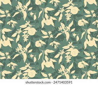 Endless pattern of branch silhouettes with orange fruit and flowers with shadows. Blue and green abstract exotic floral print.