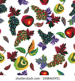 Endless pattern. Bright, avant-garde, decorative fruits. Apples and grapes. Template for design.
Healthy food advertising. Packaging, textiles. Vegetarian products. Vector graphics. Isolated image