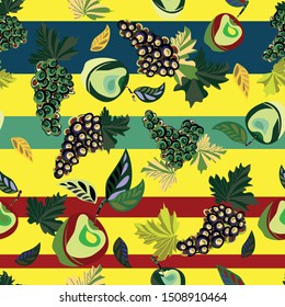 Endless pattern. Bright, avant-garde, decorative fruits. Apples and grapes. Template for design.
Healthy food advertising. Packaging, textiles. Vegetarian products. Vector graphics. Isolated image.