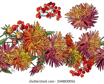 Endless pattern brush with autumn flowers aster and red berries. Horizontal border for season design