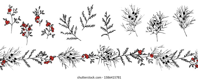 Endless pattern brush  made of  hand-drawn winter plants isolated on white.  For season greeting cards, posters