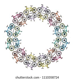 Endless Pattern Brush or Ribbon of Bicycles. Circle Frame Bike Background. Realistic Hand Drawn Illustration. Savoyar Doodle Style.