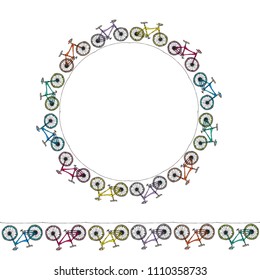 Endless Pattern Brush or Ribbon of Bicycles. Circle Frame Bike Background. Realistic Hand Drawn Illustration. Savoyar Doodle Style.