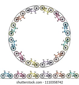 Endless Pattern Brush or Ribbon of Bicycles. Circle Frame Bike Background. Realistic Hand Drawn Illustration. Savoyar Doodle Style.